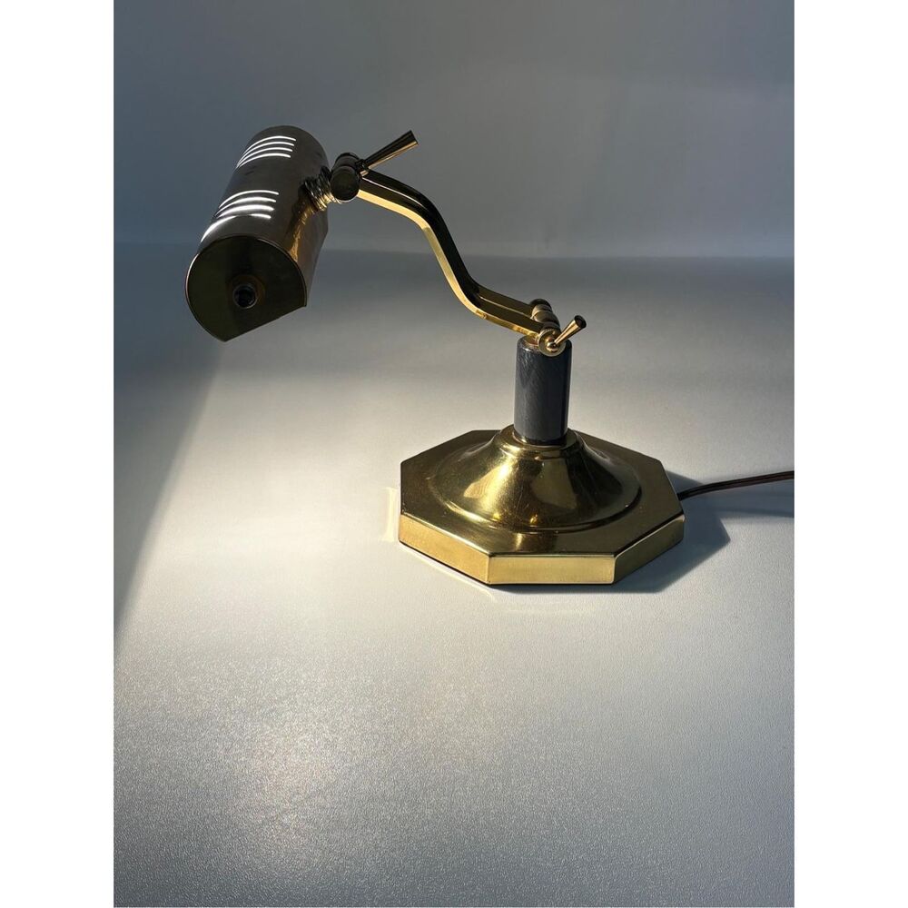 Vintage Piano Bankers Desk Lamp Brass Shaded w/ Charcoal Stone & Octagon Base